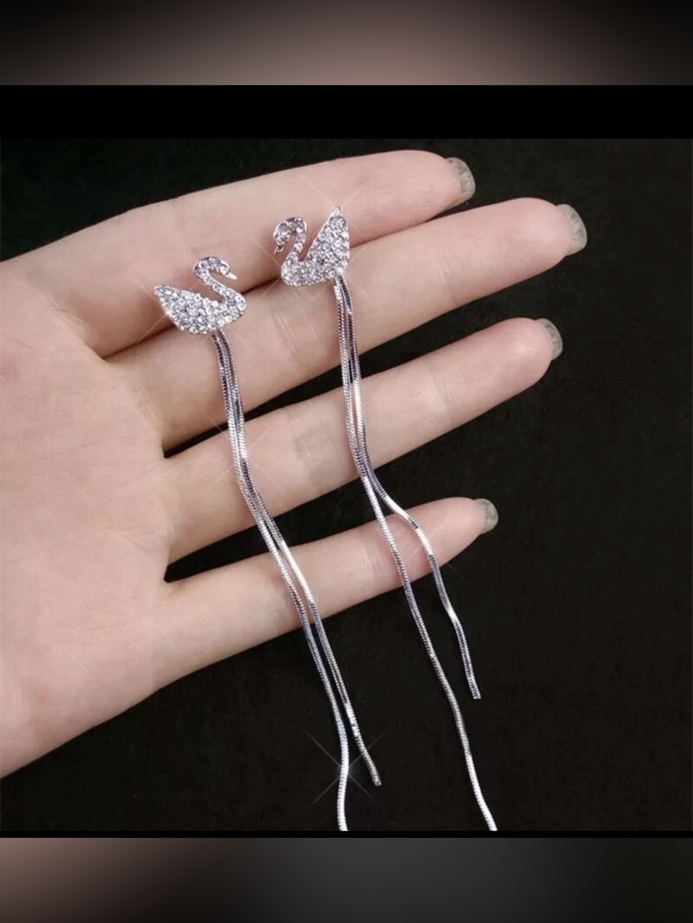 Silver Crystal Swan Studs Threader Earrings